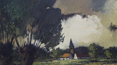 H-P DUŻY OLEJNY OBRAZ NA PŁÓTNIE PEJZAŻ PIET MEES