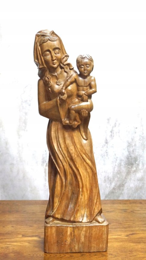 H-P PIĘKNA WYSOKA RZEŹBA FIGURA MATKI BOSKIEJ z DZIECIĄTKIEM 84cm 1965