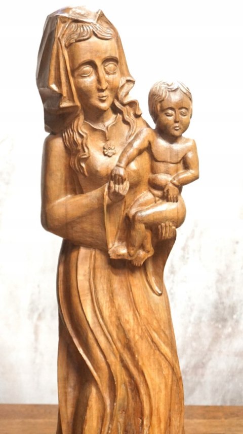 H-P PIĘKNA WYSOKA RZEŹBA FIGURA MATKI BOSKIEJ z DZIECIĄTKIEM 84cm 1965